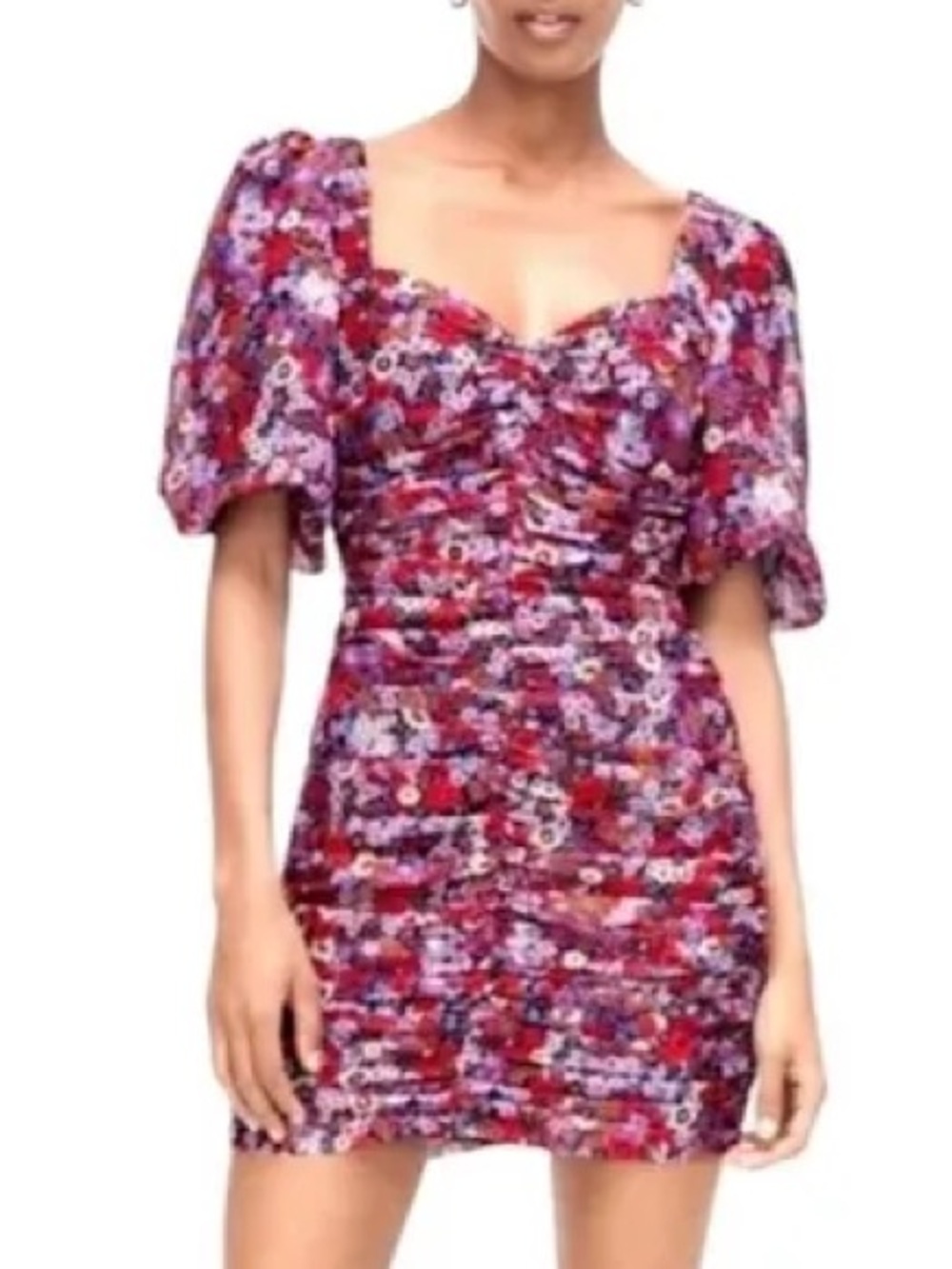 Zara Red Floral Puff-Sleeve Ruched Mini Dress